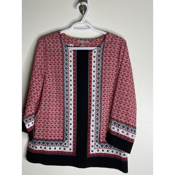 Roz & Ali Red Lightweight Blouse Women Small Patterned Long Sleeve Pop Over - Picture 1 of 8